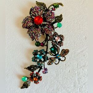 Large Faux Jewel Encrusted Statement Brooch Pin Vibrant Colorful Flower And Bee